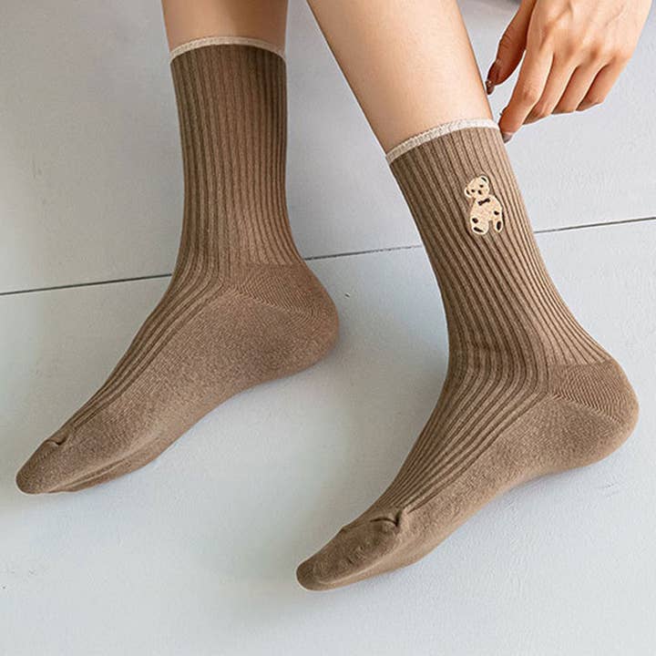 ACCITY - Wholesale Socks - Women's - Brown Bear Embroidery Cotton Crew socks_CWMS1352