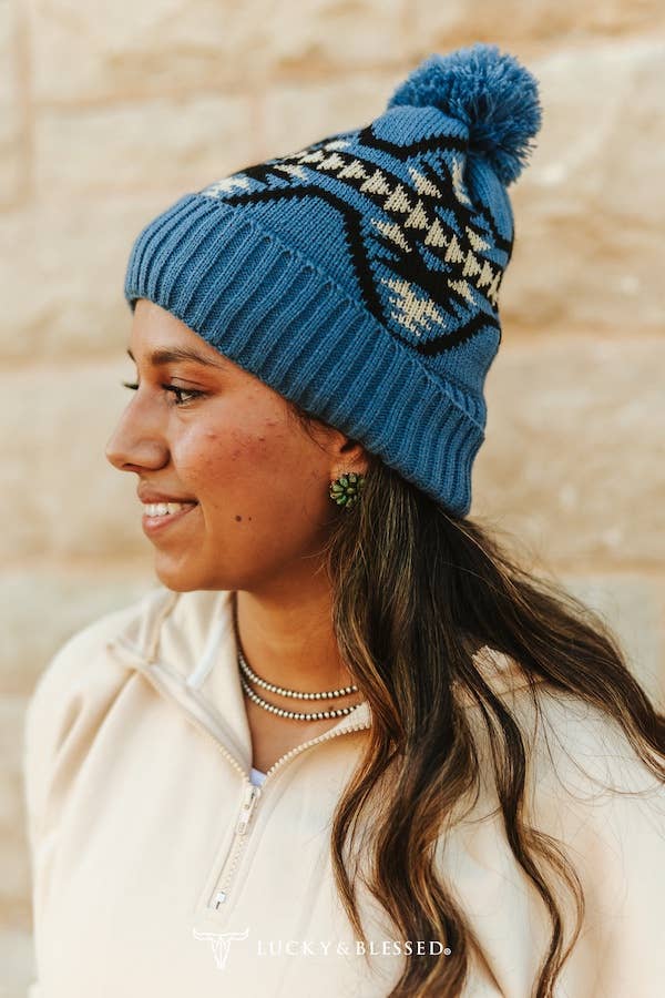 LUCKY & BLESSED - Wholesale Beanie – Women's - Blue Black Ivory Aztec Fleece Lined Knit Pom Beanie