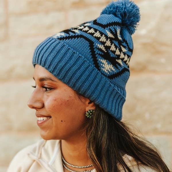 LUCKY & BLESSED - Wholesale Beanie – Women's - Blue Black Ivory Aztec Fleece Lined Knit Pom Beanie0