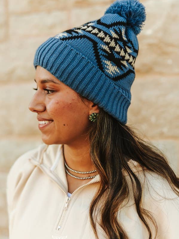 Blue Black Ivory Aztec Fleece Lined Knit Pom Beanie for wholesale by LUCKY & BLESSED