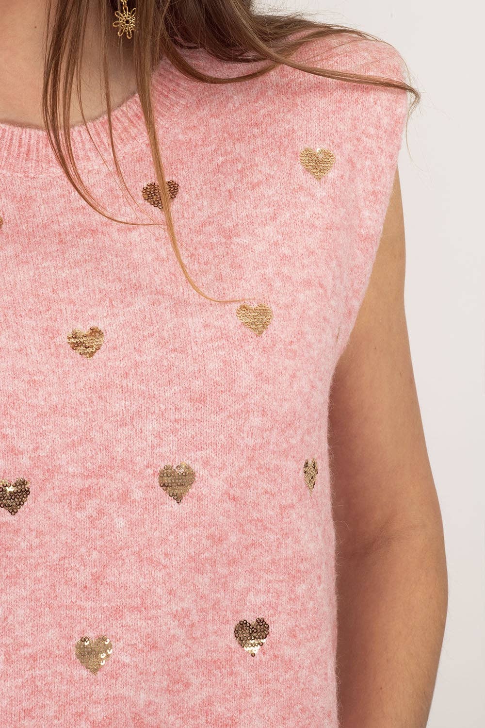 Rose Pull sans manches rose avec cœurs à paillettes argentées en vente sur Faire3