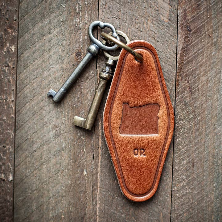 Llavero de piel con silueta del estado de Oregón, estilo motel para venta al por mayor de Sugarhouse Leather