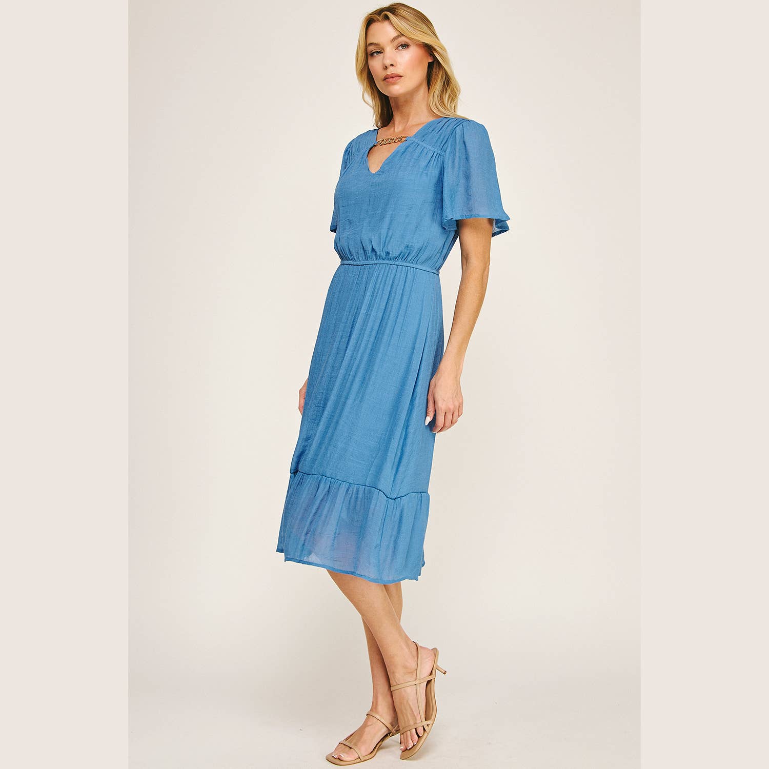 Winslow Collection - Wholesale Dress - Women's - FLUTTER SLEEVE NECKLACE DETAIL PRINTED MIDI DRESS6