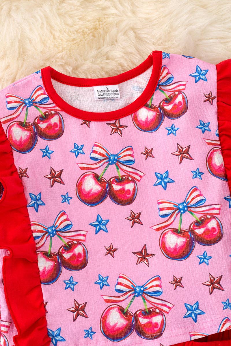 Kids Charm Online - Wholesale Top & Short Set - Kids - Patriotic cherry printed on Pink girls short outfit. OFG50481 SOL2