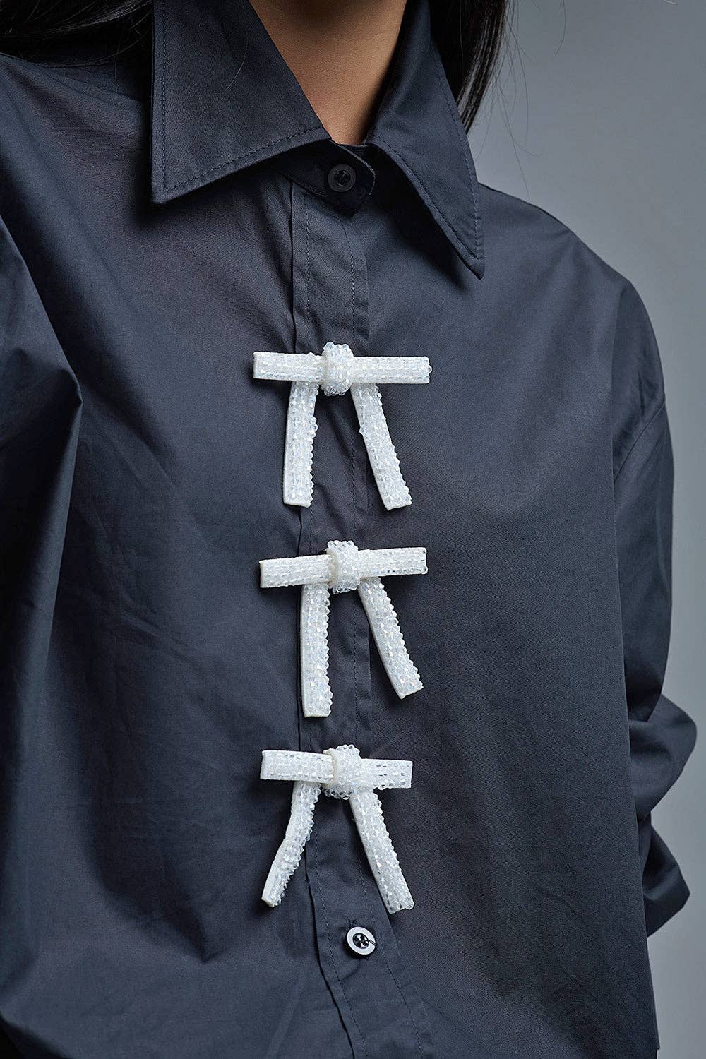 Black Oversized Poplin Shirt With White Beaded Bow Buttons for wholesale on Faire4
