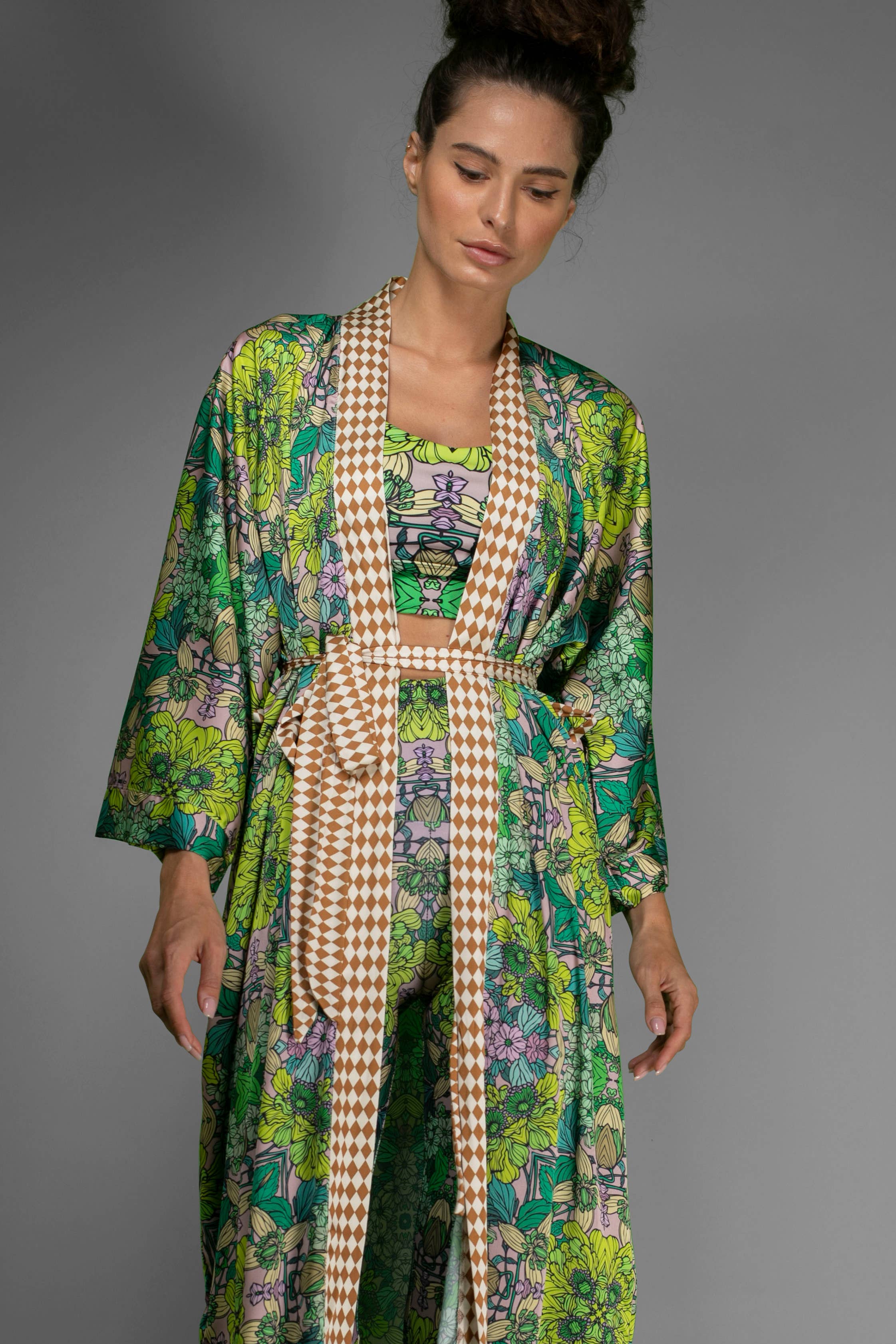 Nuvula - Wholesale Kimono - Women's - Green Floral Satin Kimono Robe2