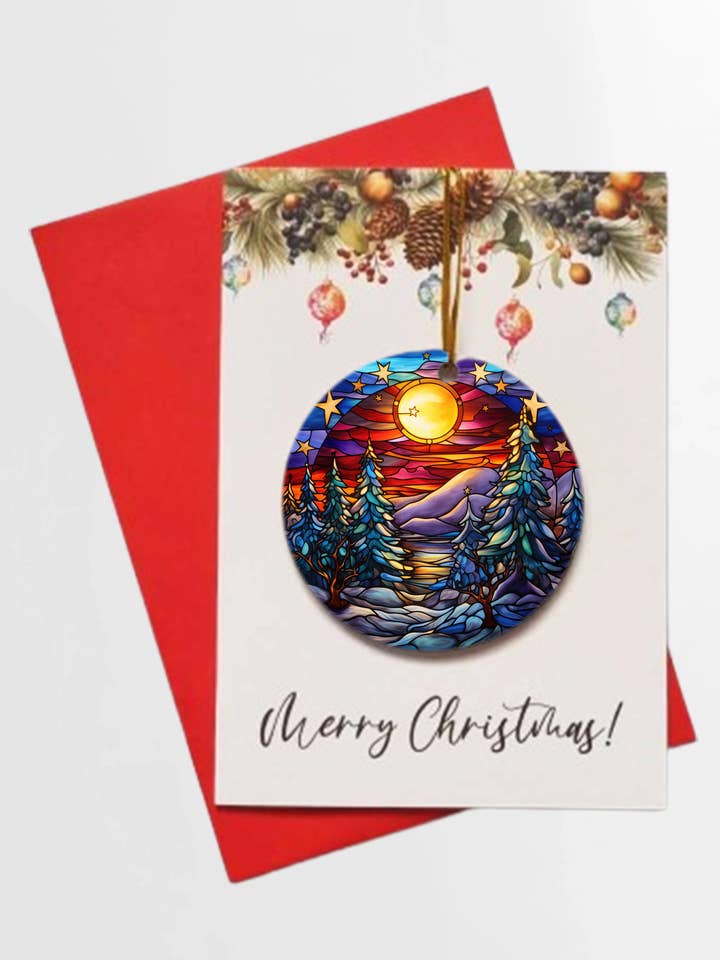 Vitrail, forêt d'hiver, coucher de soleil, étoiles + BOULE AMOVIBLE pour la vente par Homemade Hollydays Wholesale