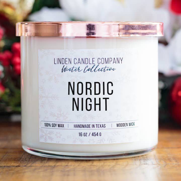 Nordic Night 16oz Winter Seasonal Soy Candle With Wood Wick for wholesale by Linden Candle Company