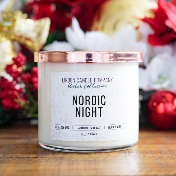 Nordic Night 16oz Winter Seasonal Soy Candle With Wood Wick for wholesale by Linden Candle Company