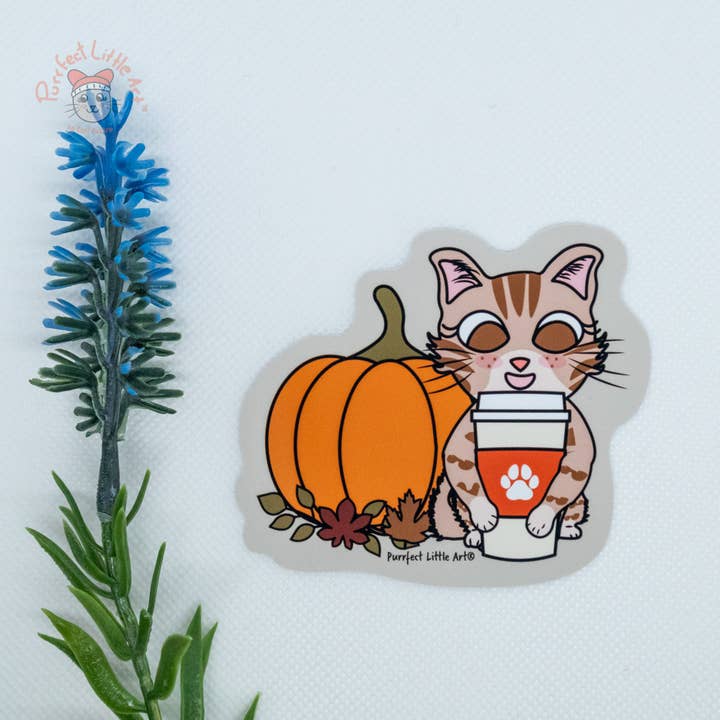 Pumpkin Coffee Lover Cat klistermærke for engroshandel hos Purrfect Little Art