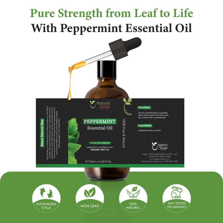Organic Way LLC - Wholesale Essential Oil - Natural Way Peppermint Essential Oil | Premium Grade Essential Oils for Hair Care, Oil for Skin, Aromatherapy, & Diffuser | Essential Oil for Skin Tag Remover, Massage Oil & Humidifier Use | 4 Fl Oz (120 mL)
