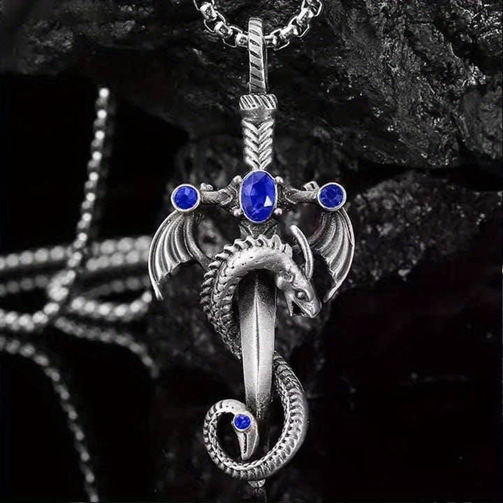 SALINA TRADING INC - Wholesale Pendant/Charm Necklace - Retro Multi-Color Gem Dragon Sword Stainless Steel Chain Necklace for Men4