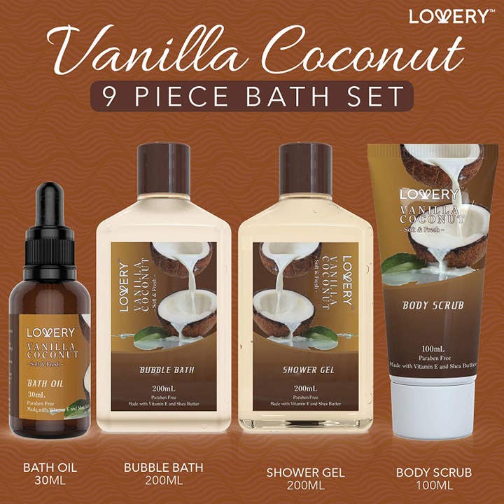 Lovery – wholesale Bath & body set – Bath and Body Gift Basket, Vanilla Coconut Home Spa Set, 9PC