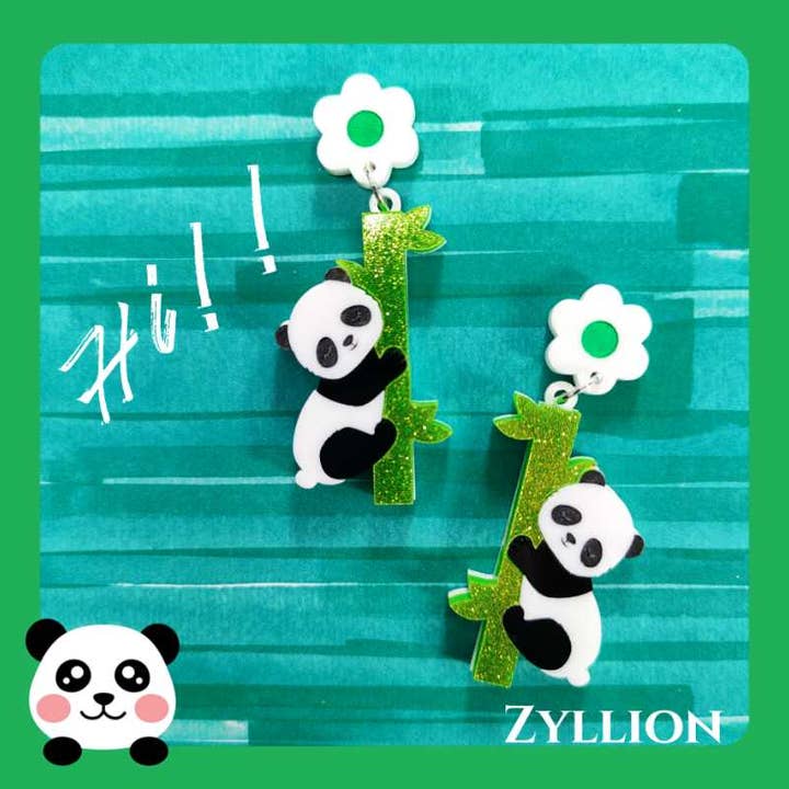 Zyllion - Wholesale Dangle earrings - Panda hugging bamboo acrylic Dangle Sterling Silver Earrings