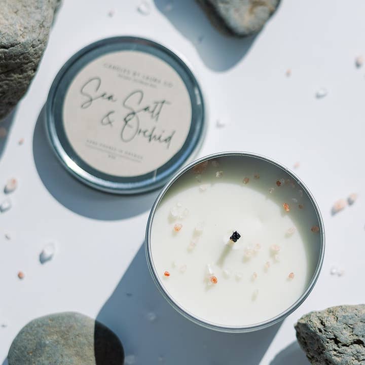 Sea Salt and Orchid 8 oz Soy Gift Tin for wholesale by Candles By Laura