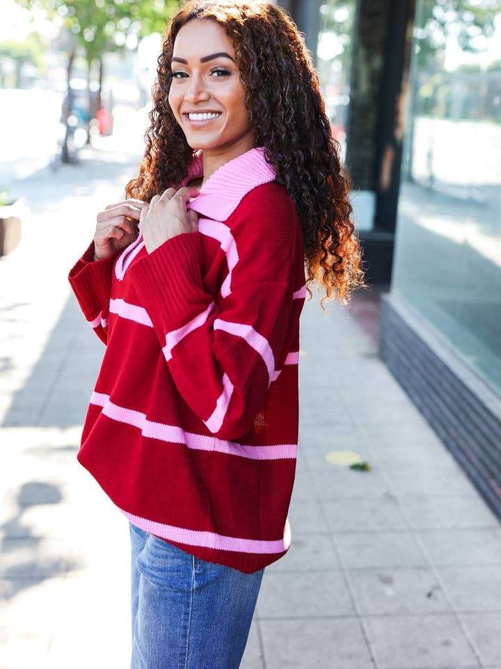 Promenade - Wholesale Pullover-trui - Dames - Fall For You oversized trui met karmozijnrode strepen en inkepingen en kraag (open verpakking)18