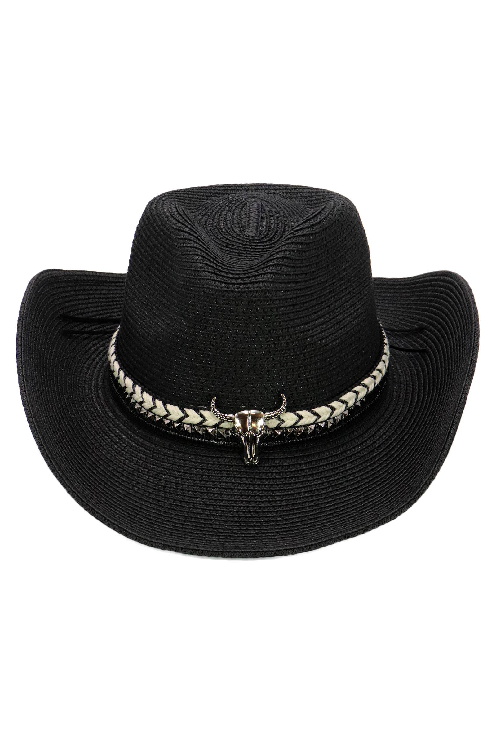 Cap Zone - Wholesale Cowboy Hat - Women's - Buffalo Skull Studs Braided Belt Straw Cowboy Hat6