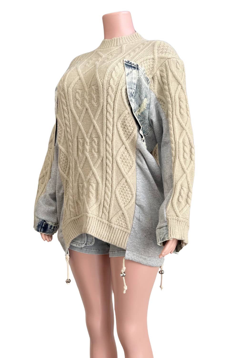 NEWGENS - Wholesale Knit Sweater - Women's - NT1036A Cable Knit Sweater with Denim Layered Details8