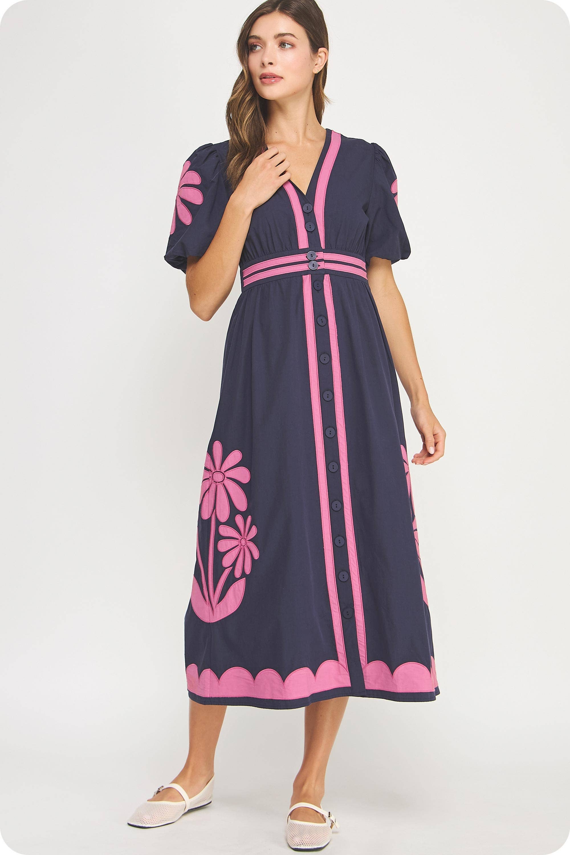 Navy chateau Rose Flower Patch Contrast Embroidery Midi Dress for wholesale on Faire3