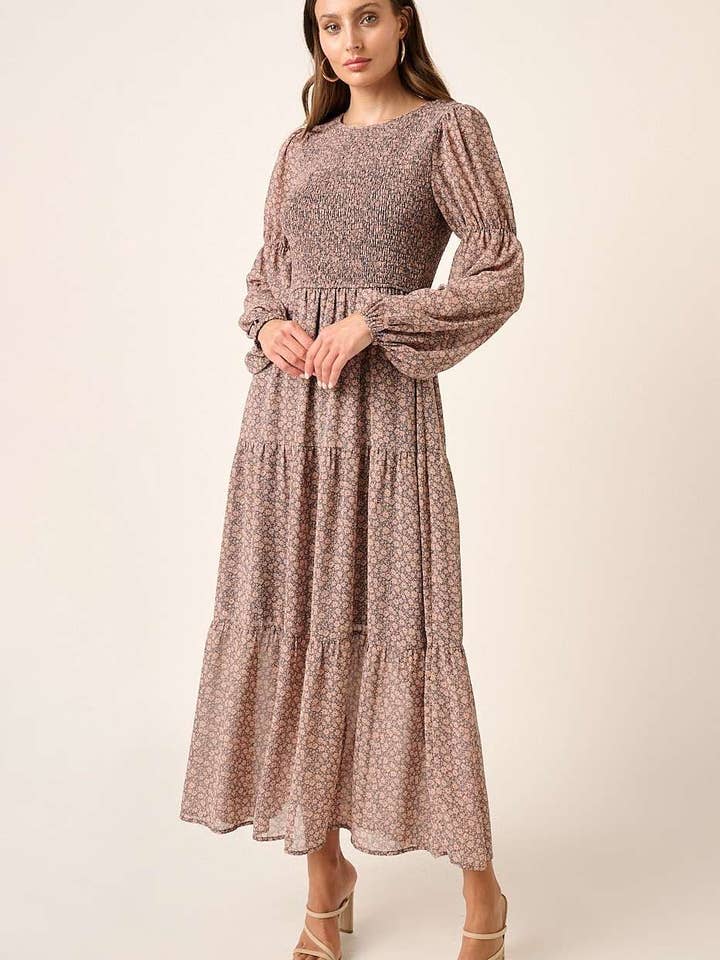 FLOWER PRINT SMOCKING DETAIL MAXI DRESS for wholesale by mittoshop