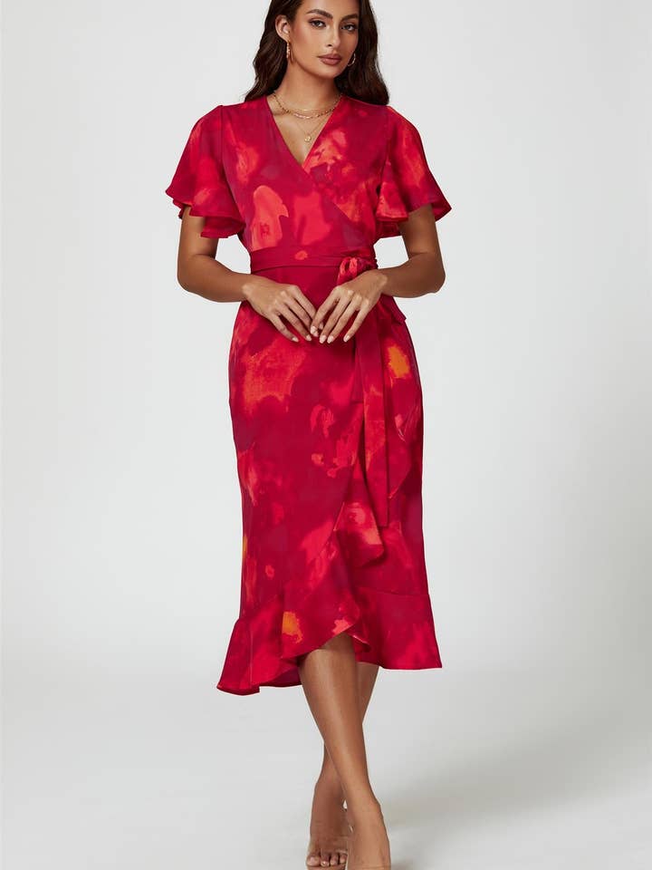 Abstract Print Angel Sleeve Wrap Midi Dress In Red for wholesale on Faire5