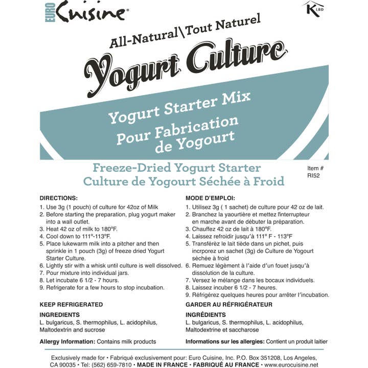 Euro Cuisine - Wholesale DIY Food Kit - Euro Cuisine RI1020 All Natural Yogurt Starter/ Culture - 10