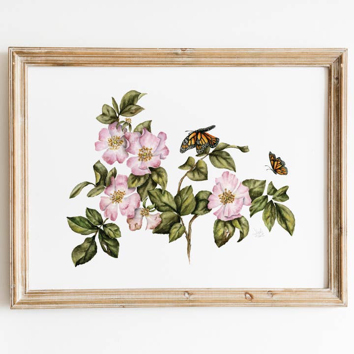 Wild Roses with Monarchs Watercolor Print for wholesale by Sarah Jane Studio Art