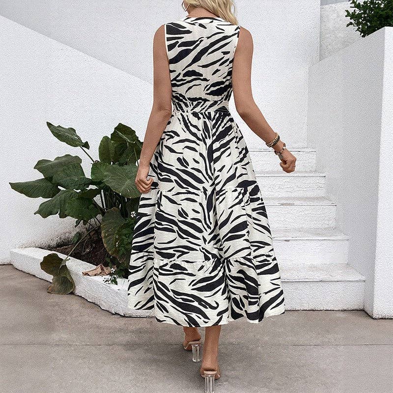 BLACK Zebra Print V-Neck Sleeveless Dress With Elastic Waist for wholesale on Faire3