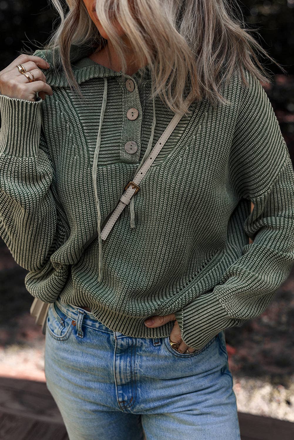 Mist Green Mineral Wash Ribbed Knit Button Drawstring Neck Hooded Sweater for wholesale on Faire6