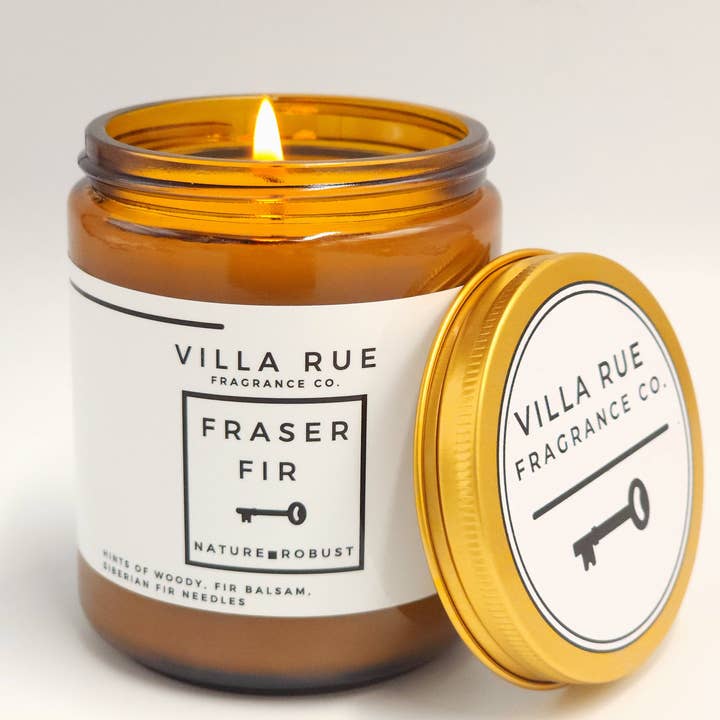 Fraser Fir - 8oz Soy Coconut Candle Amber Jar for wholesale by Villa Rue Fragrance Company