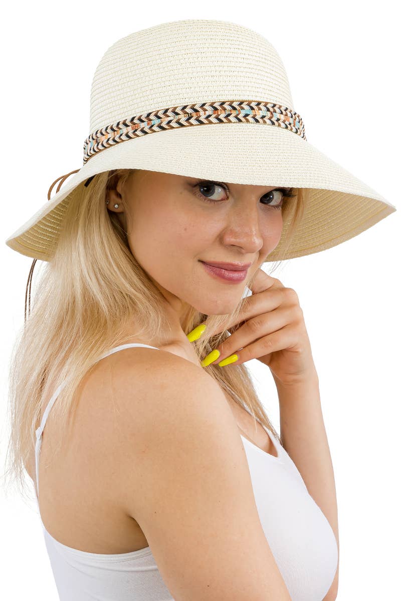 Cap Zone – wholesale Stråhatt – Dam – Cap Zone solhatt i derbystil med kupad kulle och tribalmönstrad kant i halm16