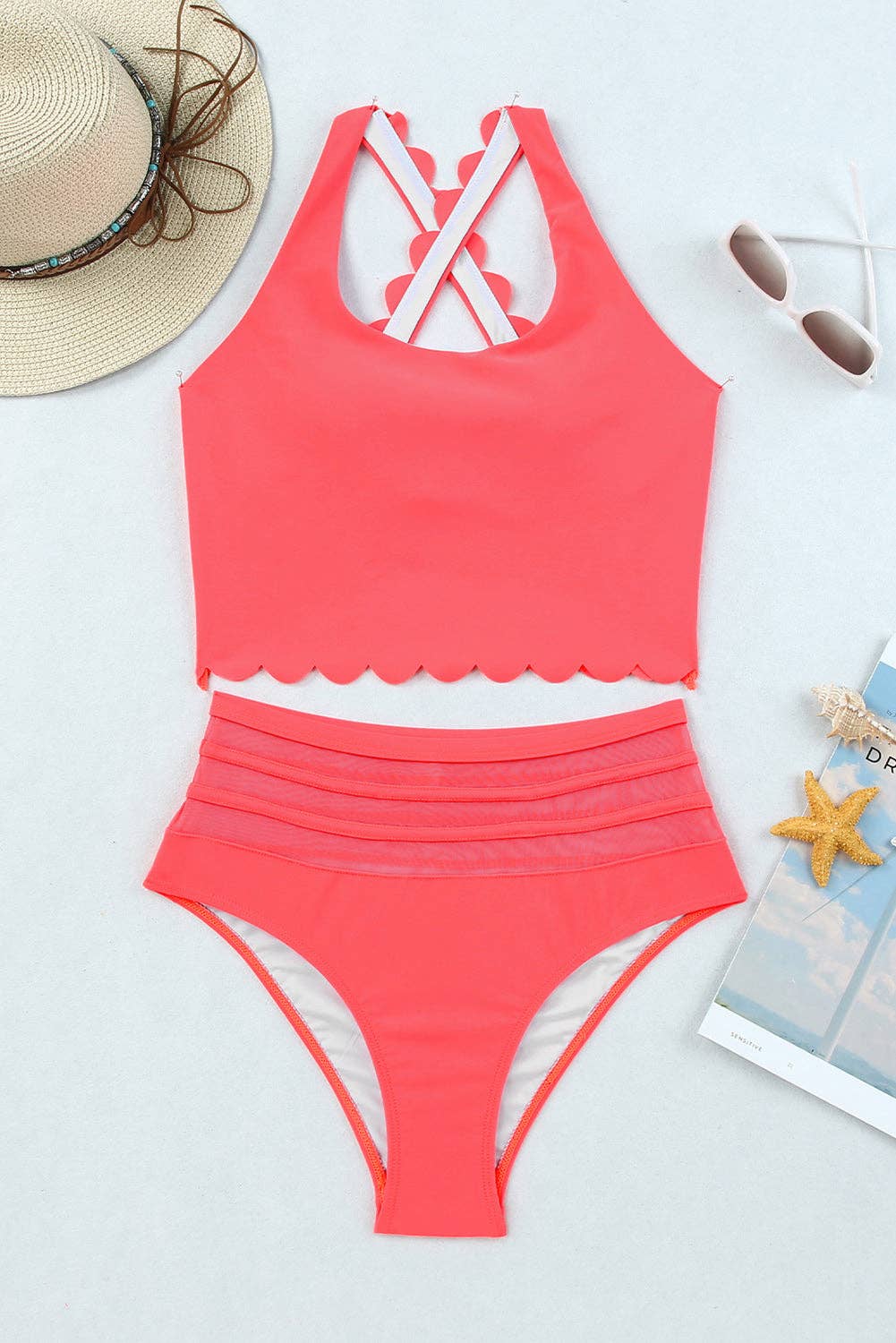 EG fashion - Wholesale Two Piece Swimsuit - Women's - Pink Scalloped Sleeveless High Waisted Two Piece Swimsuit6
