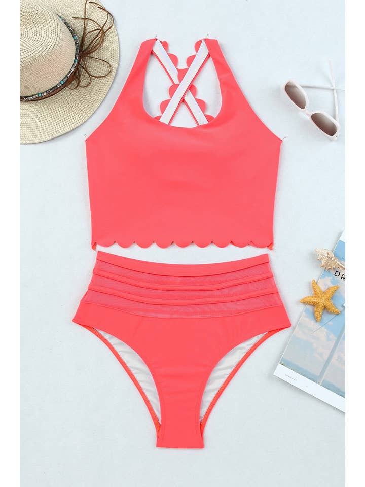 EG fashion - Wholesale Two Piece Swimsuit - Women's - Pink Scalloped Sleeveless High Waisted Two Piece Swimsuit6
