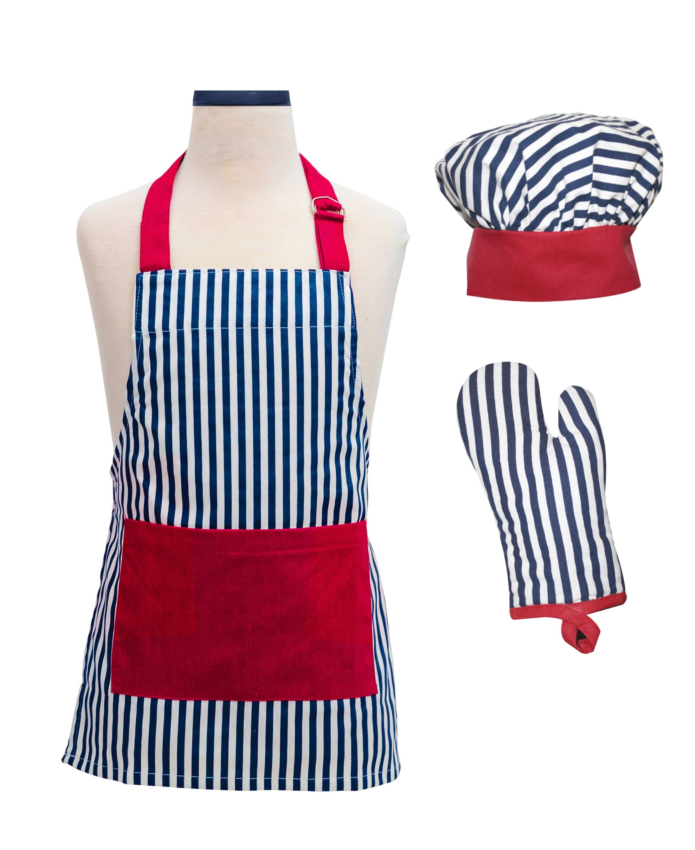 Handstand Kitchen - Wholesale Apron - Kids - Striped Deluxe Youth Apron Set - 3 Pc Kids Chef Hat & Mitt