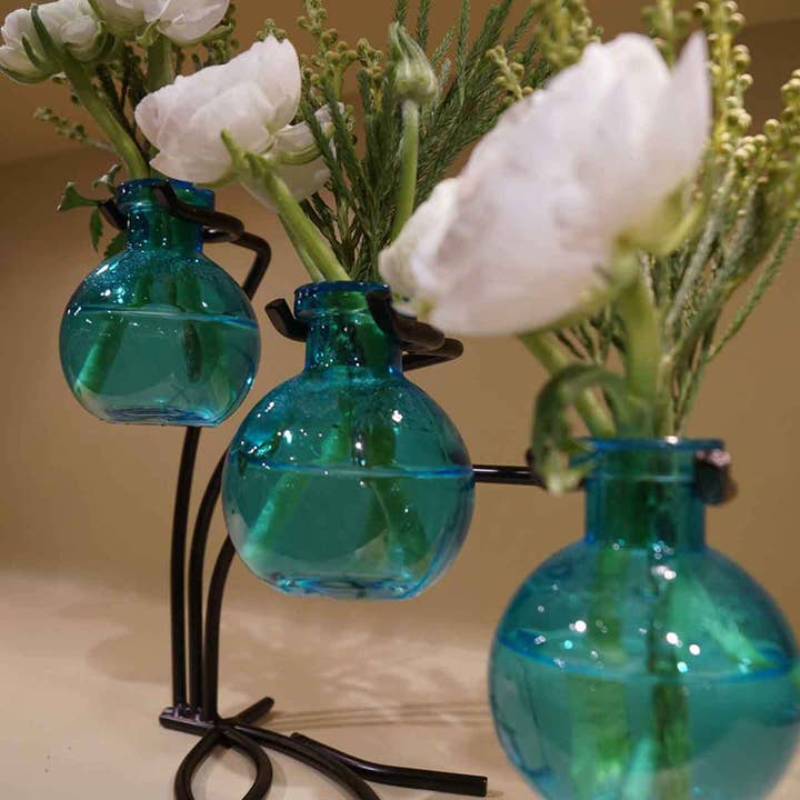 Casablanca Three Recycled Glass Vases & Metal Stand Aqua for wholesale by Couronne Co.