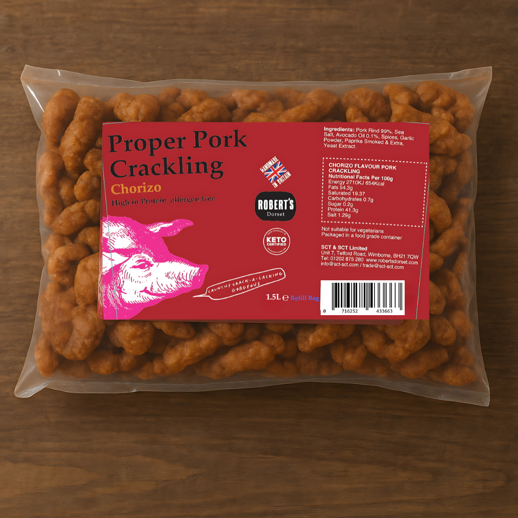 Robert’s Dorset – wholesale Puffed snack – Proper Pork Crackling 1.5L / 400g Refill Bag3