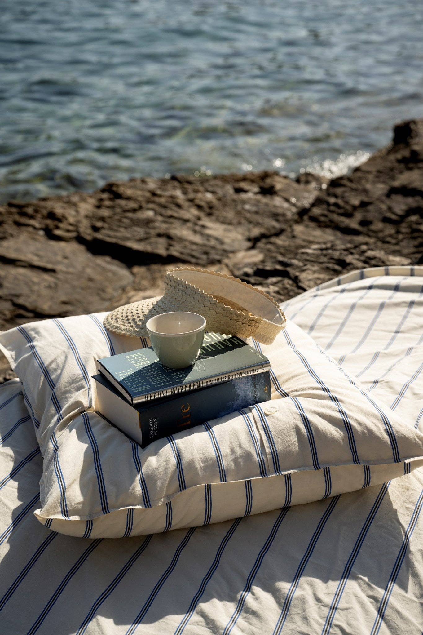 ecru blue moonless bed linen stripe for wholesale on Faire4