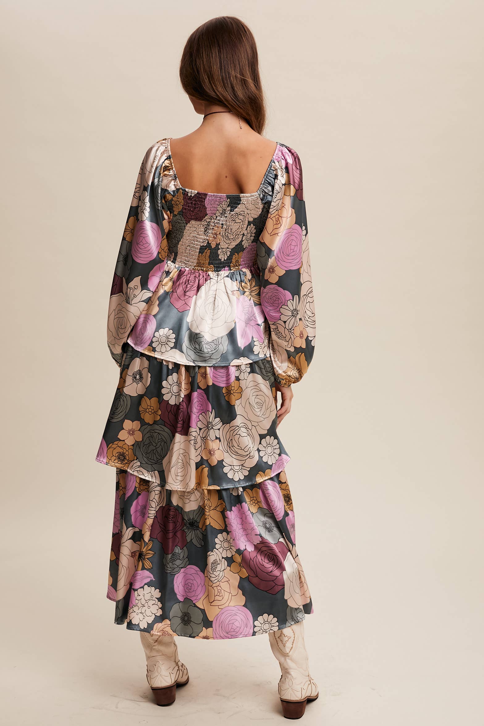 Listicle - Wholesale Dress - Women's - Floral Lace-Up Tiered Maxi Dress LD144810