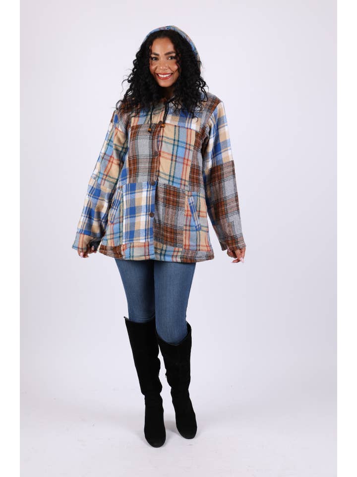 Sacred Threads - Wholesale Jacket - Women's - Patchwork Plaid Hoodie Jacket: Soft Tone Flannel3