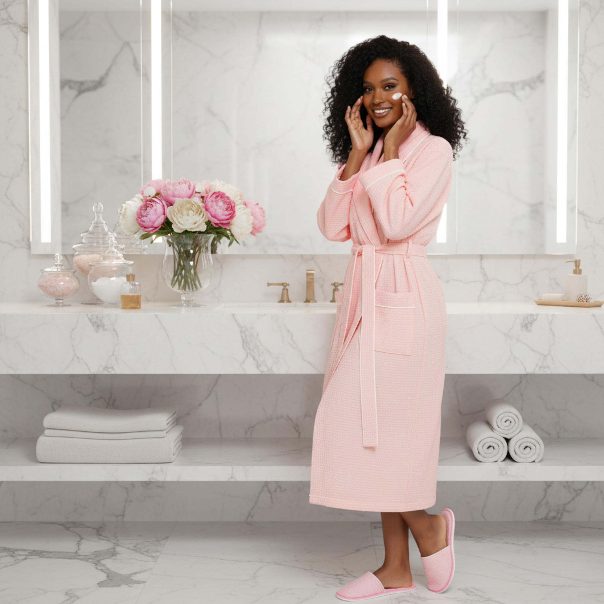 Lotus Linen – Engroshandel Morgenkåbe - Dame – Kvinders lette badekåbe med waffle-tekstur og kantbånd – spa-komfort21