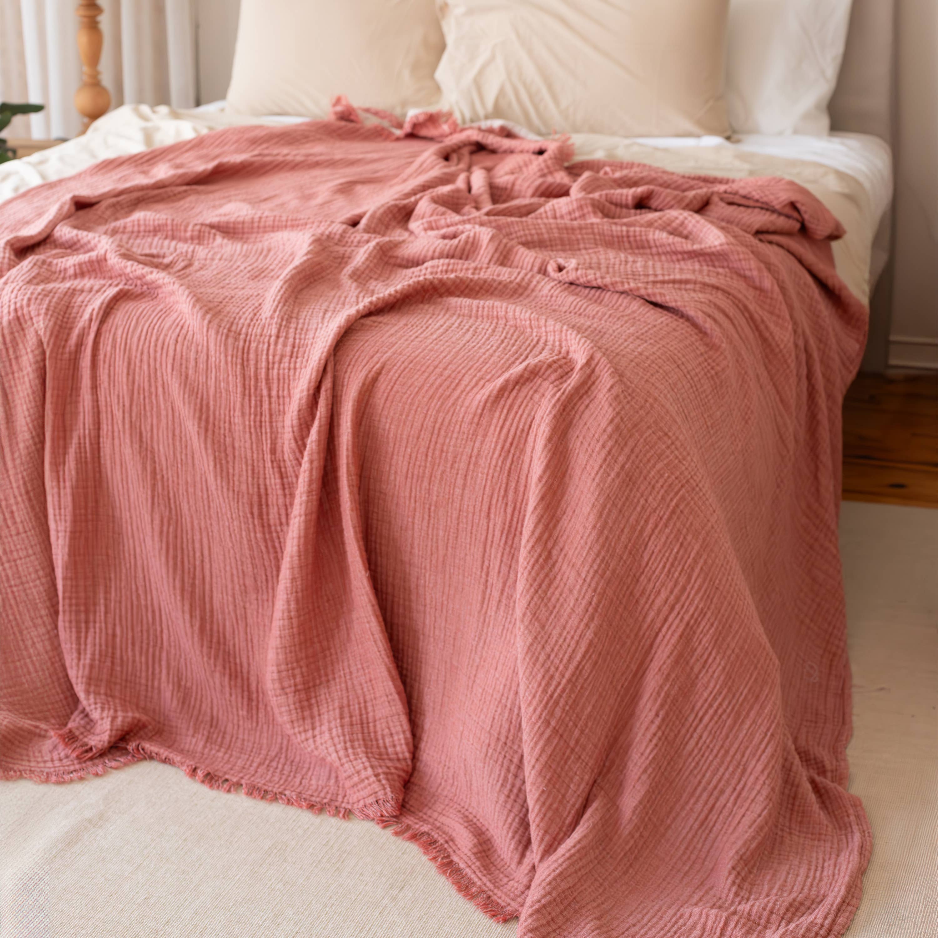 Vivamaison - Vente Plaids - Couvre-lit en mousseline frangé 100 % coton doux, 4 couches premium134