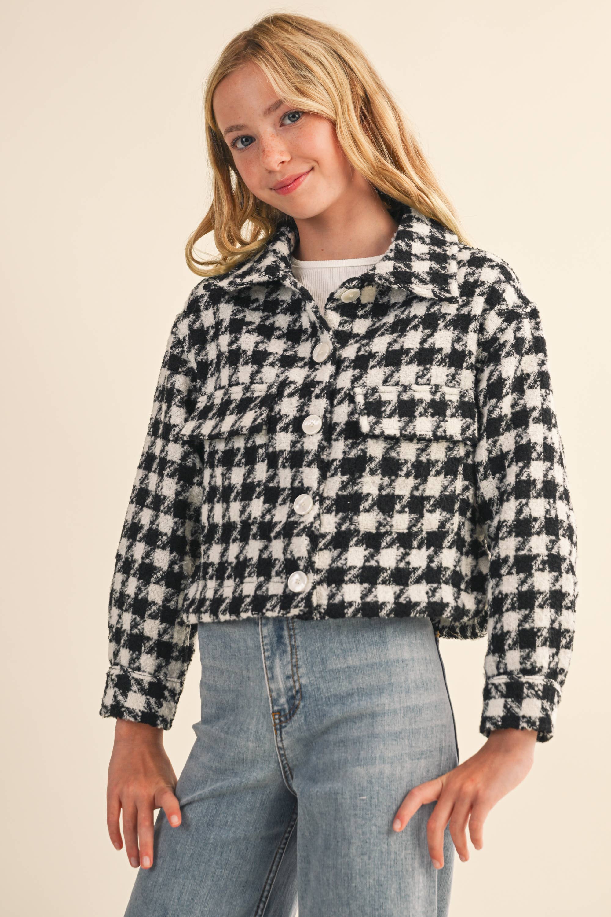 heart and arrow - Wholesale Jacket - Kids - TWEEN KIDS GIRLS Tweed Houndstooth Pattern Jacket (7-14)