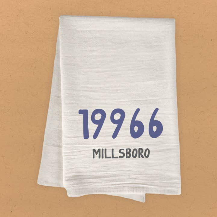 Boheme Bliss - Wholesale Tea Towel - Blue Zip Code and City - Custom Cotton Tea Towel