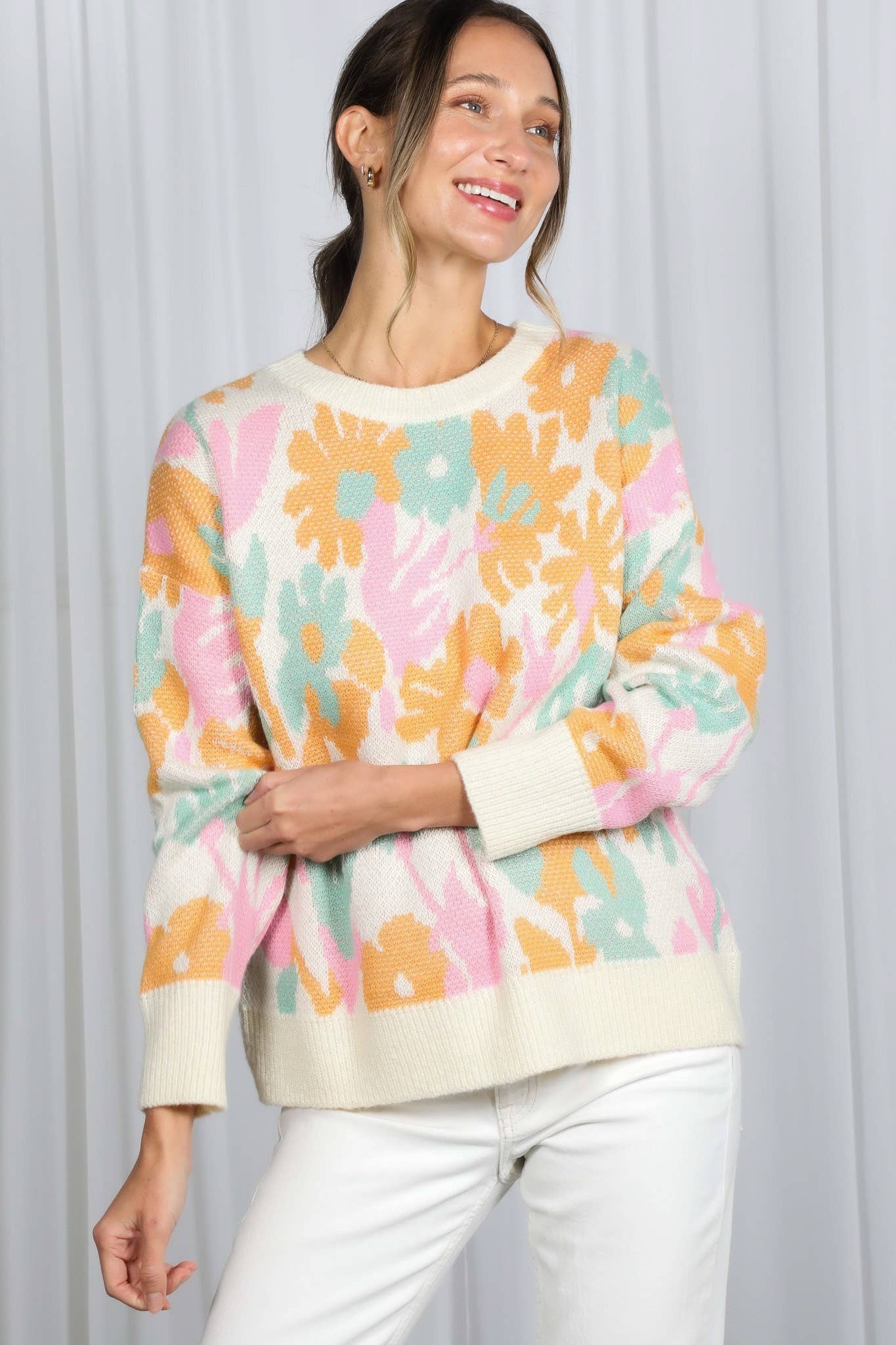 Cream Multi Floral Jacquard Knitted Sweater Top VT82628 for wholesale on Faire5