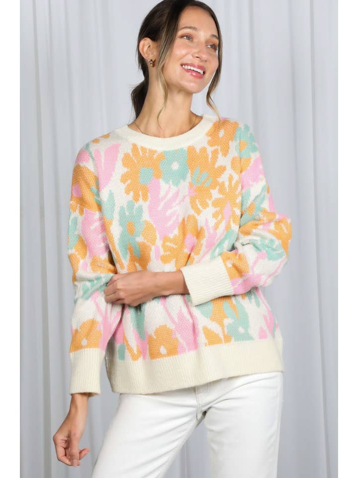 Cream Multi Floral Jacquard Knitted Sweater Top VT82628 for wholesale on Faire5