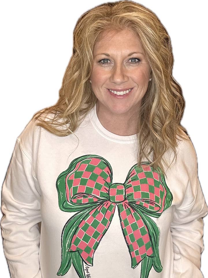 Felpa bianca con fiocco a quadretti rosa e verde. per la vendita all'ingrosso da parte di August Bleu