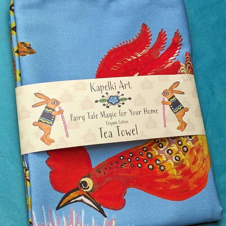 Kapelki Art - Wholesale Tea Towel - Folk art Rooster Chicken organic cotton kitchen towel1