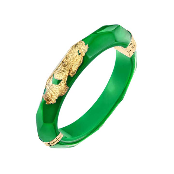 Dark Green 24K Gold Leaf Faceted Bangle with Hinge for wholesale by Gold & Honey