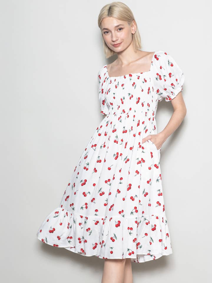 Elloh Collection - Wholesale Dress - Women's - Puff Sleeve Square Neck Cherry Print Dress with Pockets10