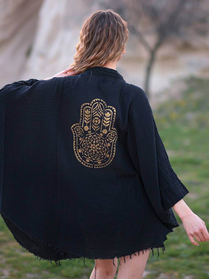 Moa - Venta al por mayor Bata - Mujer - Bata kimono de muselina doble capa con mano de Hamsa